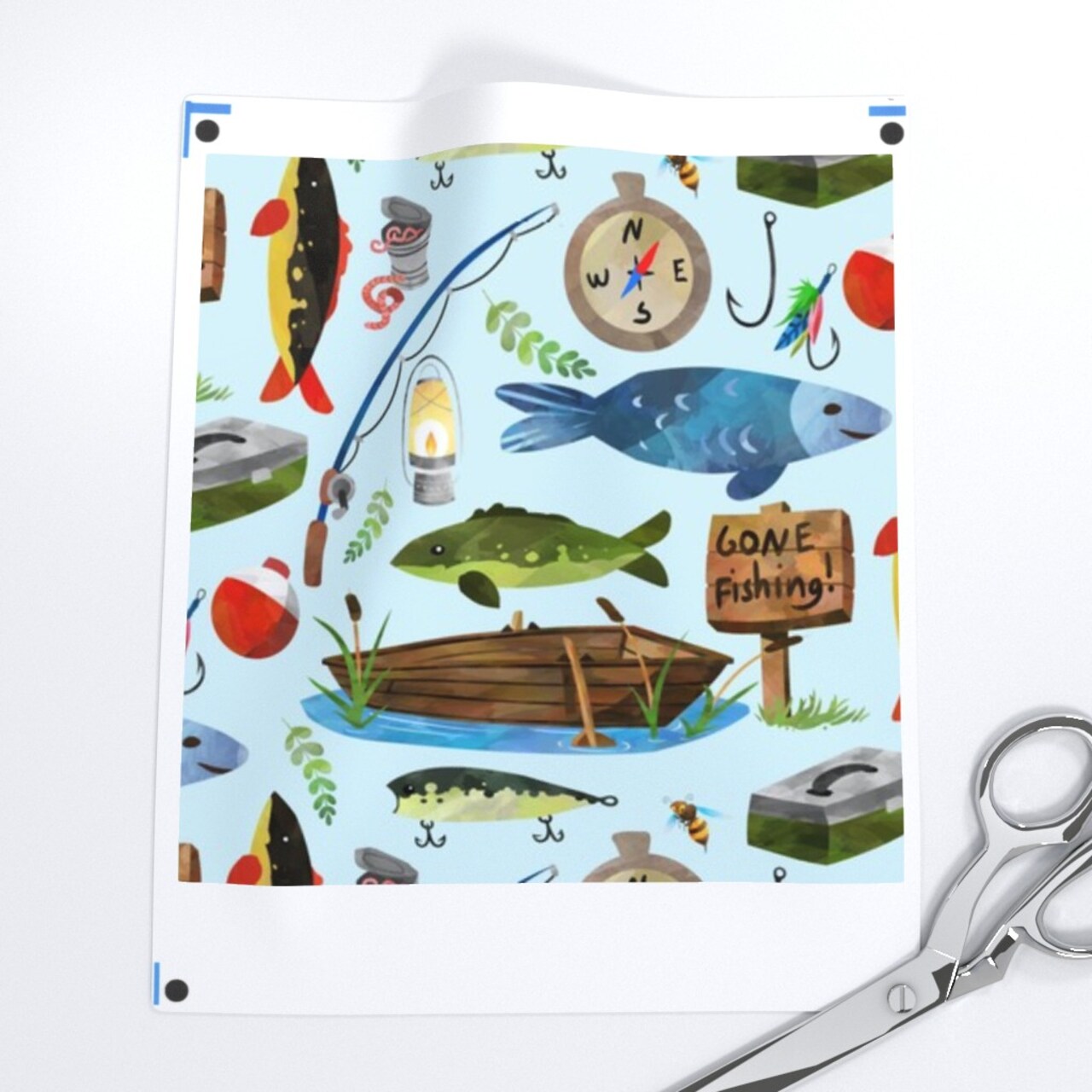 Fishing Pale Blue Scale Boys Fish Summer Lake Outdoors Camping Custom Printed Fabric by Spoonflower Various Fabrics by the Yard or Fat Quarter